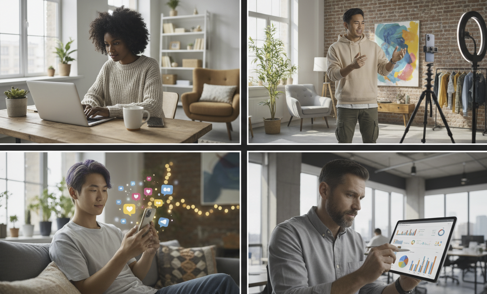 A collage of different types of creators:

A blogger typing on a laptop.

An influencer recording content on a smartphone.

Someone posting on social media.

A person analyzing traffic on a tablet.